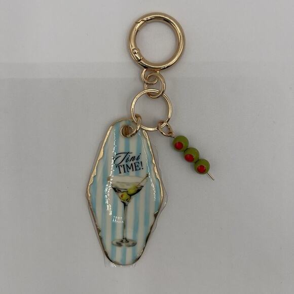 Piper K Tini Time Martini Glass Keychain Bag Charm Blue Stripe Beads Olive Retro - Picture 5 of 6